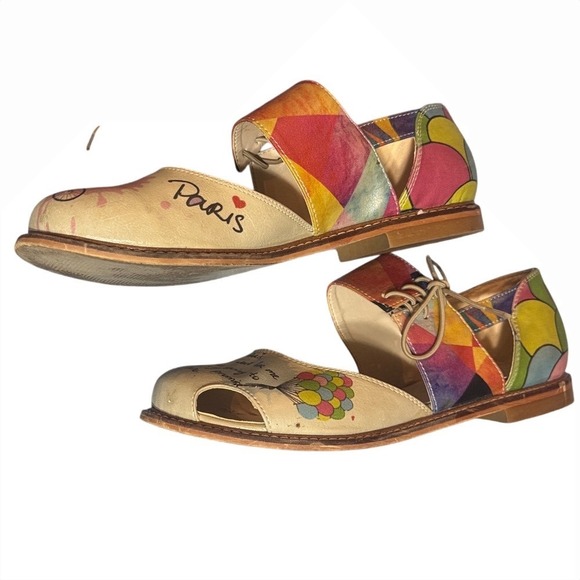 Goby Paris Illustration Leather Lace Up‎ Peep Toe Flats Multicolor EU 38 - Picture 8 of 9